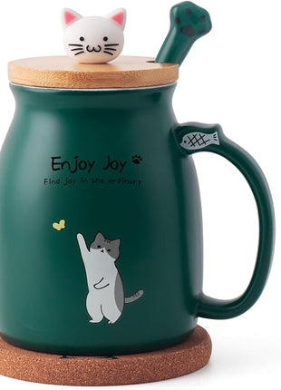 Cute Cat Cup Ceramic Coffee Mug with Kawaii Cat Wooden Lid, Lovely Stainless Steel Spoon, Anime Kitty Thicken Wooden Coaster, Christmas Birthday Cute Thing Japanese Mug 16oz (Green)
