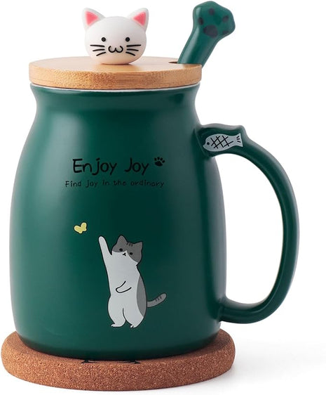 Cute Cat Cup Ceramic Coffee Mug with Kawaii Cat Wooden Lid, Lovely Stainless Steel Spoon, Anime Kitty Thicken Wooden Coaster, Christmas Birthday Cute Thing Japanese Mug 16oz (Green)