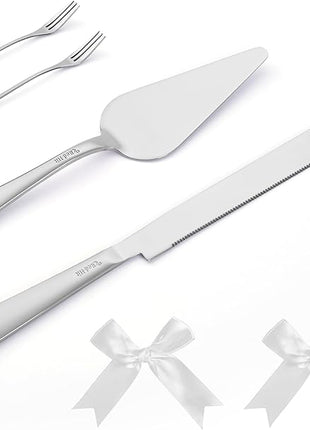 Wedding Cake Cutting Set, Elegant Wedding Cake Knife and Server Set with Thick Stainless Steel Wide Handle, Cake Cutting Set for Wedding Anniversary Christmas, Cake Cutter, 2 Cute Forks and Bows