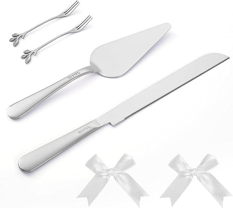 Wedding Cake Cutting Set, Elegant Wedding Cake Knife and Server Set with Thick Stainless Steel Wide Handle, Cake Cutting Set for Wedding Anniversary Christmas, Cake Cutter, 2 Cute Forks and Bows