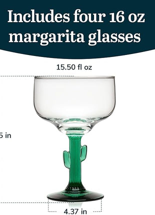 Libbey Cactus Margarita Glasses Set of 4, Durable Green Stemmed Cocktail Glasses, Lead-Free Cactus Glassware, Unique Plant Themed Frozen Margarita Glasses, 16-Ounce