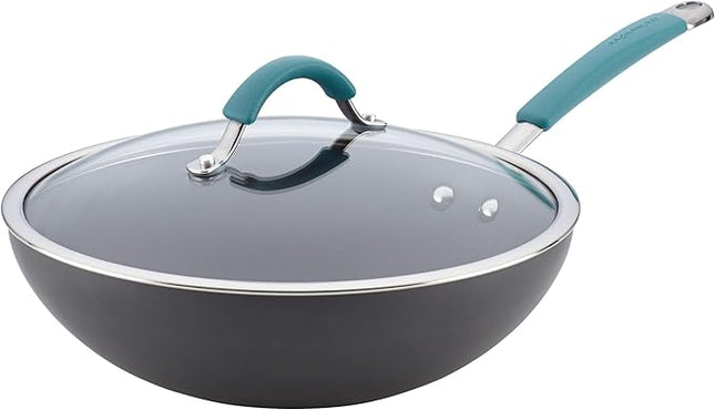 Rachael Ray Cucina Hard-Anodized Nonstick Covered Stir Fry Pan, 11-Inch, Gray, Agave Blue Handles