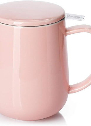 Sweese 20 OZ Porcelain Tea Mug with Infuser and Lid, Loose Leaf Tea Cup, Gifts for Tea Lover - Pink