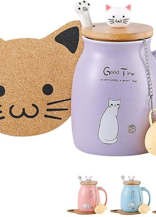 BigNoseDeer Cat Mug Kawaii Tea Cup with Infuser and Lid Purple Cat Ceramic Coffee Mug Cute Cool Preppy Stuff Birthday Gifts for Mom Gifts for Women Girlfriend Girls Cat Lover Gifts(13oz)