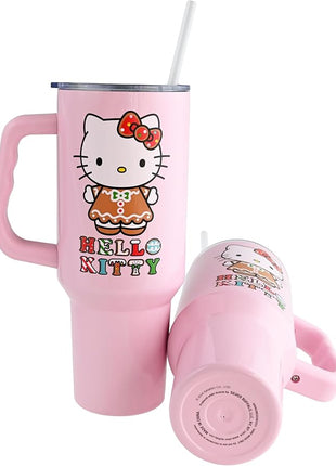 Silver Buffalo Sanrio Hello Kitty Holiday Gingerbread Dress Stainless Steel Tumbler with Handle, Fits in Standard Cup Holder, 40 Ounces