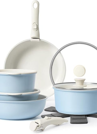 15Pcs Pots and Pans Set Non Stick, Cookware Sets with Detachable Handle, Nonstick RV Kitchen Cooking Tools Removable Handles, Oven Safe, Induction Fast, Stackable Induction Cookware, Blue