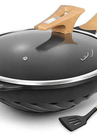 COOKLOVER Nonstick Woks And Stir Fry Pans Die-cast Aluminum Scratch Resistant 100% PFOA Free Induction Wok pan with Lid 12.6 Inch - BK