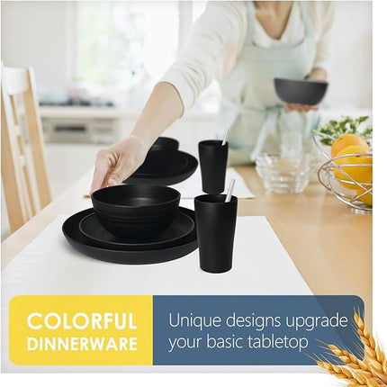 Teivio 40-Piece Kitchen Plastic Wheat Straw Dinnerware Sets, Service for 4, Dinner Plates,Dessert Plates,Cereal Bowls, Cups, Flatware,Dishwasher Safe, Unbreakable Outdoor Camping Dishes, Black