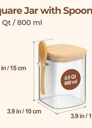 ComSaf 0.8 Qt Glass Jars with Bamboo Lids & Spoons Set of 4, Square Glass Containers with Lids, Sugar Coffee Containers Salt Spice Jars, Pantry Storage Container for Loose Tea, Candy, Brown Sugar, Nut