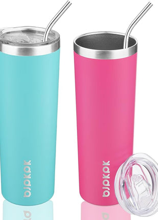 BJPKPK 20oz Skinny Tumblers with Lid Insulated Travel Coffee Cup Stainless Steel Thermal Mug,Turquoise,Pink (Pack of 24)