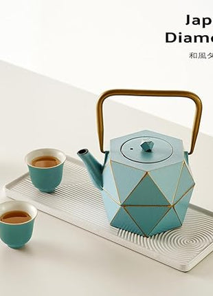Toptier Cast Iron Teapot, Stovetop Safe Japanese Cast Iron Tea Kettle, Diamond Design Tea Pot with Removable Infuser for Loose Tea, 40 Ounce (1200 ml), Blue