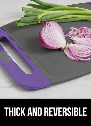 GORILLA GRIP BPA-Free Reversible Kitchen Cutting Board Set of 3, US Designed, Nonporous, Juice Grooves Catch Liquid, Slip Resistant Border, Dishwasher Safe, Durable Food Chopping Boards, Purple Gray