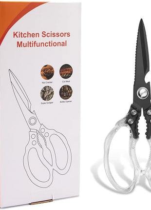 CGBE Kitchen Scissors, Multi-Purpose Kitchen Shears, Heavy Duty Dishwasher Safe Food Scissors for Chicken, Poultry, Fish, Meat & Herbs with Non-Slip Grips (Transparent Black)
