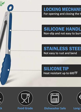 Kitchen Tongs, Stainless Steel Silicone Tongs for Cooking 600ºF High Heat-Resistant BBQ Grilling Locking Tongs, Set of 2-9" and 12" Classic Blue