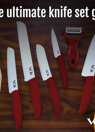 Vos Ceramic Knife with Peeler, Knives Set For Kitchen, Ultra Sharp Kitchen Knife Set with Covers, 4" 5" 6" 7" 8" Paring, Chef Knife, Santoku & 2 more, Lightweight, Dishwasher safe (Red)