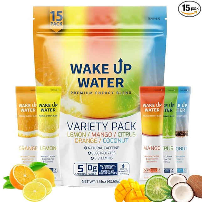 Wake Up Water Energy Drink Mix, Sugar Free Clean Energy Powder with Electrolytes & B Vitamins, Natural Caffeine for Focus & Hydration (15 Pack) - Variety
