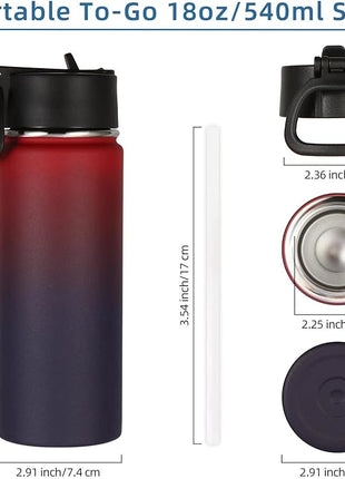 Volhoply 18oz Kids Insulated Water Bottle,Stainless Steel Water Bottles with Straw Lid,Double Wall Vacuum Metal Sports Water Flask,Wide Mouth Reusable Travel Cups For Cold Drink(Red Purple,1 Set)