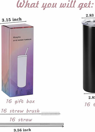 16 Pack 20 Oz Straight Skinny Tumblers,Individually Gift Boxed Stainless Steel Slim Skinny Tumbler Set Bulk, 20 Oz Insulated Slim Thin Travel Tumbler Cup for Diy, Black