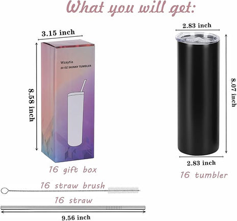 16 Pack 20 Oz Straight Skinny Tumblers,Individually Gift Boxed Stainless Steel Slim Skinny Tumbler Set Bulk, 20 Oz Insulated Slim Thin Travel Tumbler Cup for Diy, Black