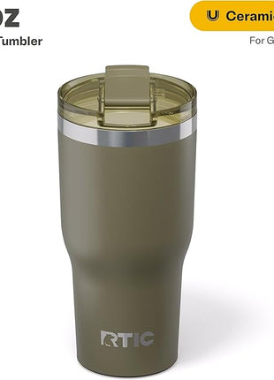 RTIC 30oz Essential Tumbler with Lid, Ceramic Lined, Insulated, Stainless Steel, Metal, Double Wall Vacuum-Insulation, Travel Cup for Iced Coffee, Tea, Hot and Cold Drink, Olive