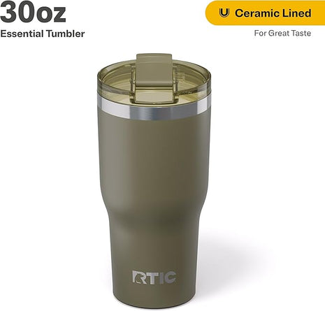 RTIC 30oz Essential Tumbler with Lid, Ceramic Lined, Insulated, Stainless Steel, Metal, Double Wall Vacuum-Insulation, Travel Cup for Iced Coffee, Tea, Hot and Cold Drink, Olive