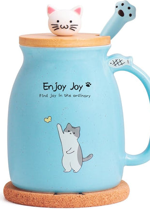 Cute Cat Cup Ceramic Coffee Mug with Kawaii Cat Wooden Lid, Lovely Stainless Steel Spoon, Anime Kitty Thicken Wooden Coaster, Christmas Birthday Cute Thing Japanese Mug 16oz (Blue)