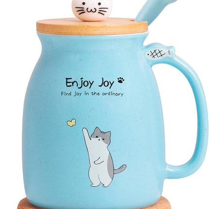 Cute Cat Cup Ceramic Coffee Mug with Kawaii Cat Wooden Lid, Lovely Stainless Steel Spoon, Anime Kitty Thicken Wooden Coaster, Christmas Birthday Cute Thing Japanese Mug 16oz (Blue)