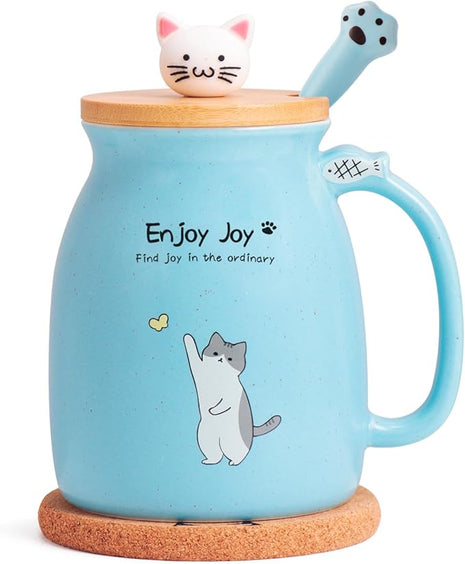 Cute Cat Cup Ceramic Coffee Mug with Kawaii Cat Wooden Lid, Lovely Stainless Steel Spoon, Anime Kitty Thicken Wooden Coaster, Christmas Birthday Cute Thing Japanese Mug 16oz (Blue)