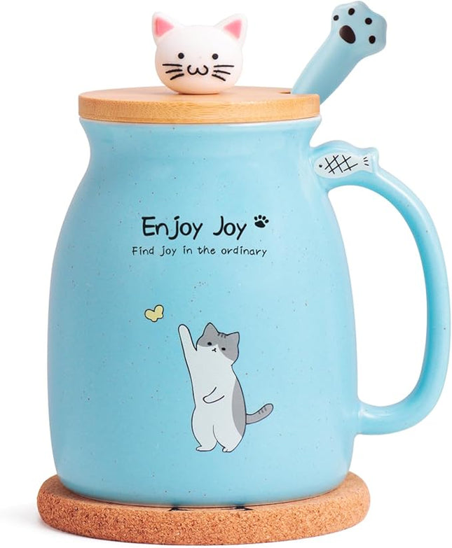 Cute Cat Cup Ceramic Coffee Mug with Kawaii Cat Wooden Lid, Lovely Stainless Steel Spoon, Anime Kitty Thicken Wooden Coaster, Christmas Birthday Cute Thing Japanese Mug 16oz (Blue)