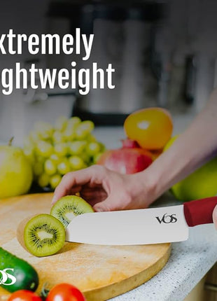 Vos Ceramic Knife with Peeler, Knives Set For Kitchen, Ultra Sharp Kitchen Knife Set with Covers, 4" 5" 6" 7" 8" Paring, Chef Knife, Santoku & 2 more, Lightweight, Dishwasher safe (Red)