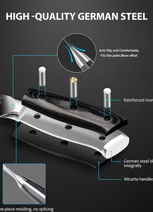 MOSFiATA 8" Super Sharp Professional Chef's Knife with Finger Guard and Knife Sharpener, German High Carbon Stainless Steel EN1.4116 with Micarta Handle and Gift Box