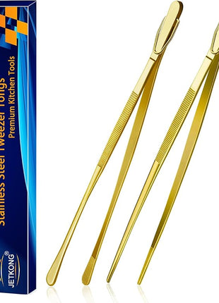 JETKONG 2 Pcs 12-Inch Cooking Tweezers Stainless Steel Food Tweezers Kitchen Tweezer Tongs (Gold)