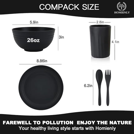 Homienly Wheat Straw Dinnerware Sets, Homienly 20pcs Unbreakable Microwave Dishwasher Safe Tableware Lightweight Bowls, Cups, Plates Set Reusable Dinner Plates Bowls set (Matte Black)