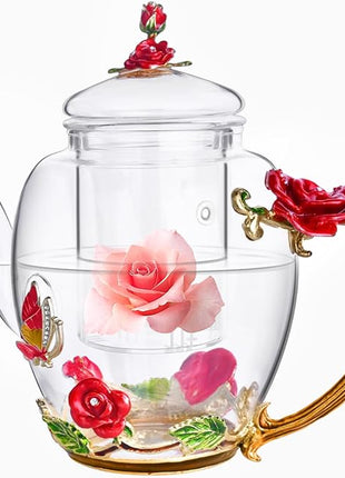 Enamel Glass Flower Tea Pot With Removable Loose Tea Leaf Infuser Tea Maker Teapot Set 30.4OZ Gifts for Women,Mom,Birthday