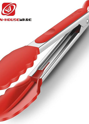 Set of 2 Kitchen Tongs 9-Inch & 12-Inch, Premium Stainless Steel BPA Free Silicone Non-Stick Grilling Barbeque Cooking Locking Food Tongs, Red