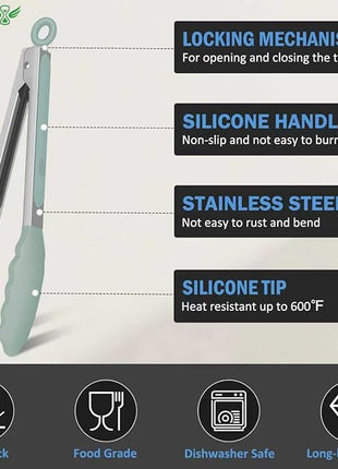 Kitchen Tongs, Stainless Steel Silicone Tongs for Cooking 600ºF High Heat-Resistant BBQ Grilling Locking Tongs, Set of 2-9" and 12" Light Green