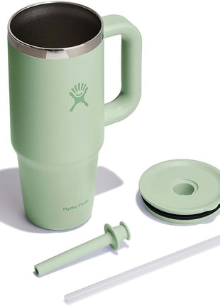 Hydro Flask Travel Tumbler with Handle, Lid and Straw - Insulated Stainless Steel in 24 Oz Aloe