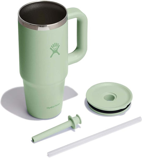 Hydro Flask Travel Tumbler with Handle, Lid and Straw - Insulated Stainless Steel in 24 Oz Aloe