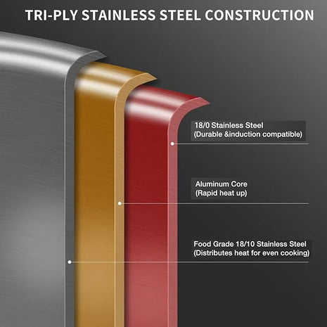 DELARLO Stainless Steel Pan, 14.2 Inch Frying Pan, Tri-Ply Skillet with Lid, Oven Safe Up to 600℉, Stainless Steel Cookware, Fast Even Heat, Large Cooking Surface,Non Toxic Large Skillet