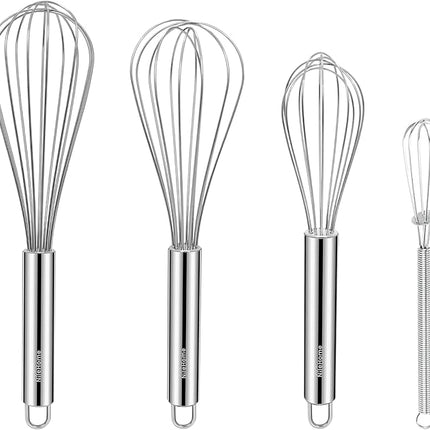 NileHome Stainless Steel Whisk Set 8" 10" 12" Kitchen Whisk Kitchen Wisk Wire Whisks for Cooking, Whisking, Blending, Beating, Stirring-4 Pack