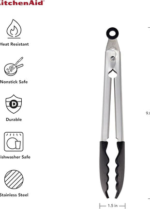 KitchenAid Silicone Tipped Stainless Steel Tongs, Black, 9 Inch