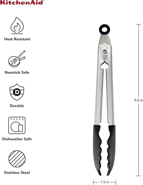 KitchenAid Silicone Tipped Stainless Steel Tongs, Black, 9 Inch