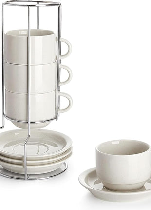 Sweese Porcelain Cappuccino Cups Set - 8 oz Stackable Coffee Mugs with Saucers, Metal Stand, Dove Grey, Set of 4
