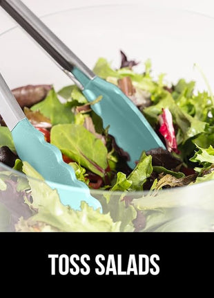 GORILLA GRIP Stainless Steel Heat Resistant Kitchen Tongs for Cooking, 9 + 12 Inch, Set of 2 BBQ Tong, Non Scratch Silicone Tip for Pan, Strong Grip, Grab Food, Toss Salad, Air Fryer, Pull Lock, Mint