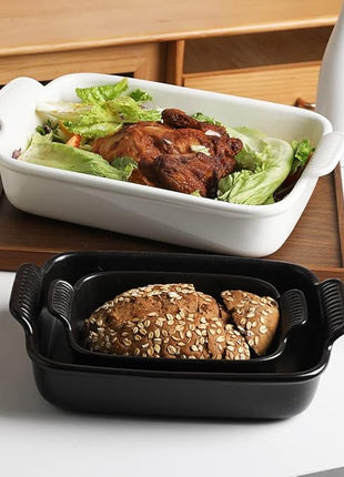 Sweejar Baking Pans Set, Ceramic 9x13 Baking Dish with Handle, Rectangular Casserole Dishes for Oven, Bakeware Sets of 3, Durable Lasagna Pan Deep for Kitchen, Banquet, Wedding Gift(Black)
