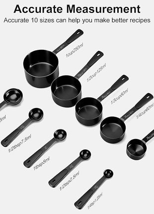 Measuring Cups and Spoons Set, Titanium-Plated Matte Black Stainless Steel 10 Piece for Cooking and Baking (5 Cups + 5 Spoons All Black)