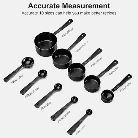 Measuring Cups and Spoons Set, Titanium-Plated Matte Black Stainless Steel 10 Piece for Cooking and Baking (5 Cups + 5 Spoons All Black)