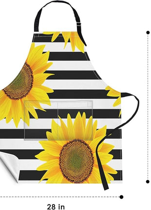 Britimes Apron Home Kitchen Cooking Baking Gardening for Women Men with Pockets Sunflowers Striped Black White Flower 32x28 inch