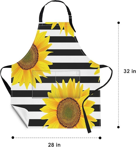 Britimes Apron Home Kitchen Cooking Baking Gardening for Women Men with Pockets Sunflowers Striped Black White Flower 32x28 inch