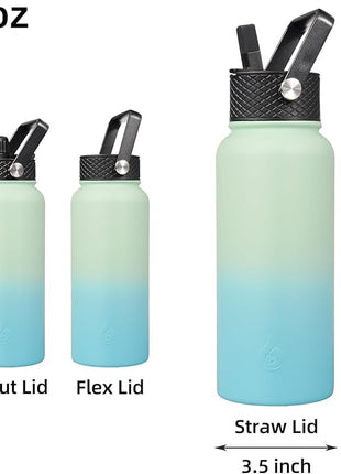 BJPKPK Insulated Water Bottles with Straw Lid, 32oz Metal Large Water Bottle with 3 Lids, Reusable Leak Proof BPA Free Thermo, Stainless Steel Tumblers for Sports, Gym, Travel-Mint